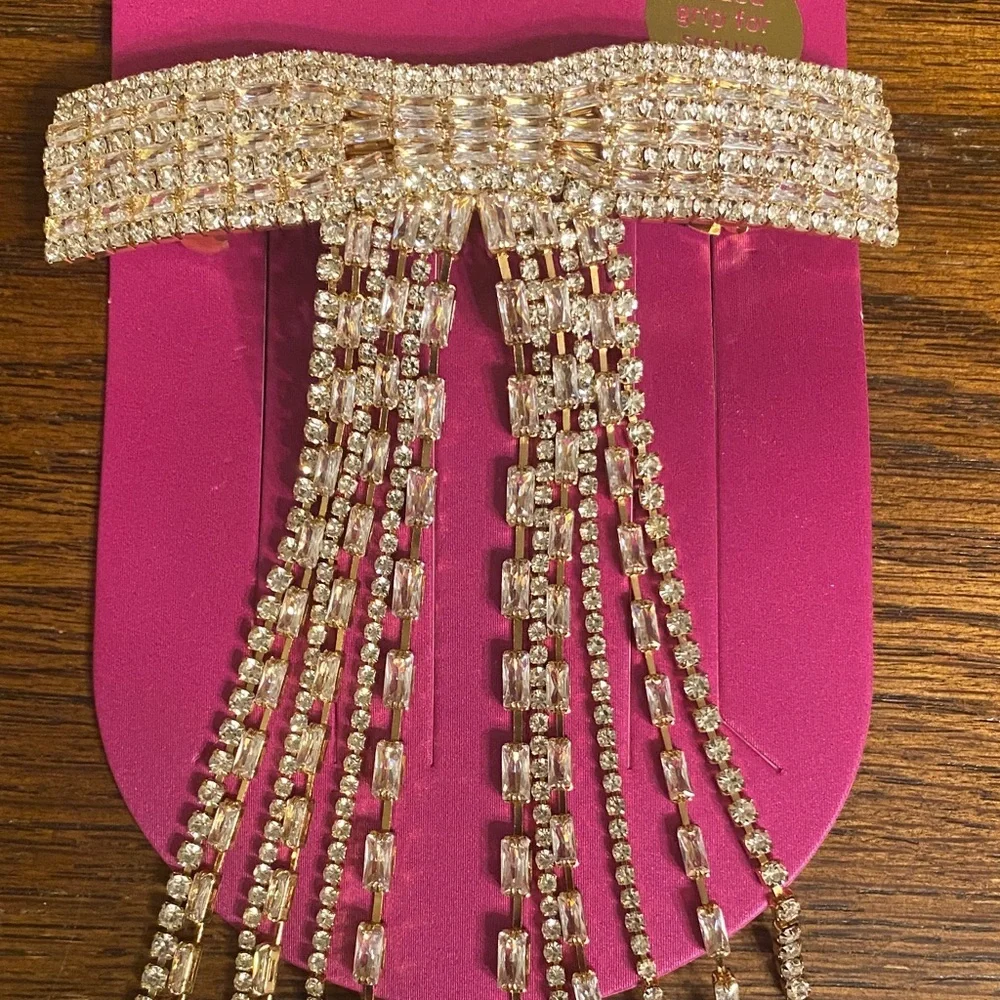 Sunday State Gold Rhinestone Crystal Bow Hair Clip Fringe Tassel Barrette NWT